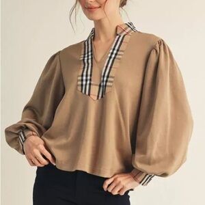 NWT JODIFL Tan Blouse with Plaid Accents